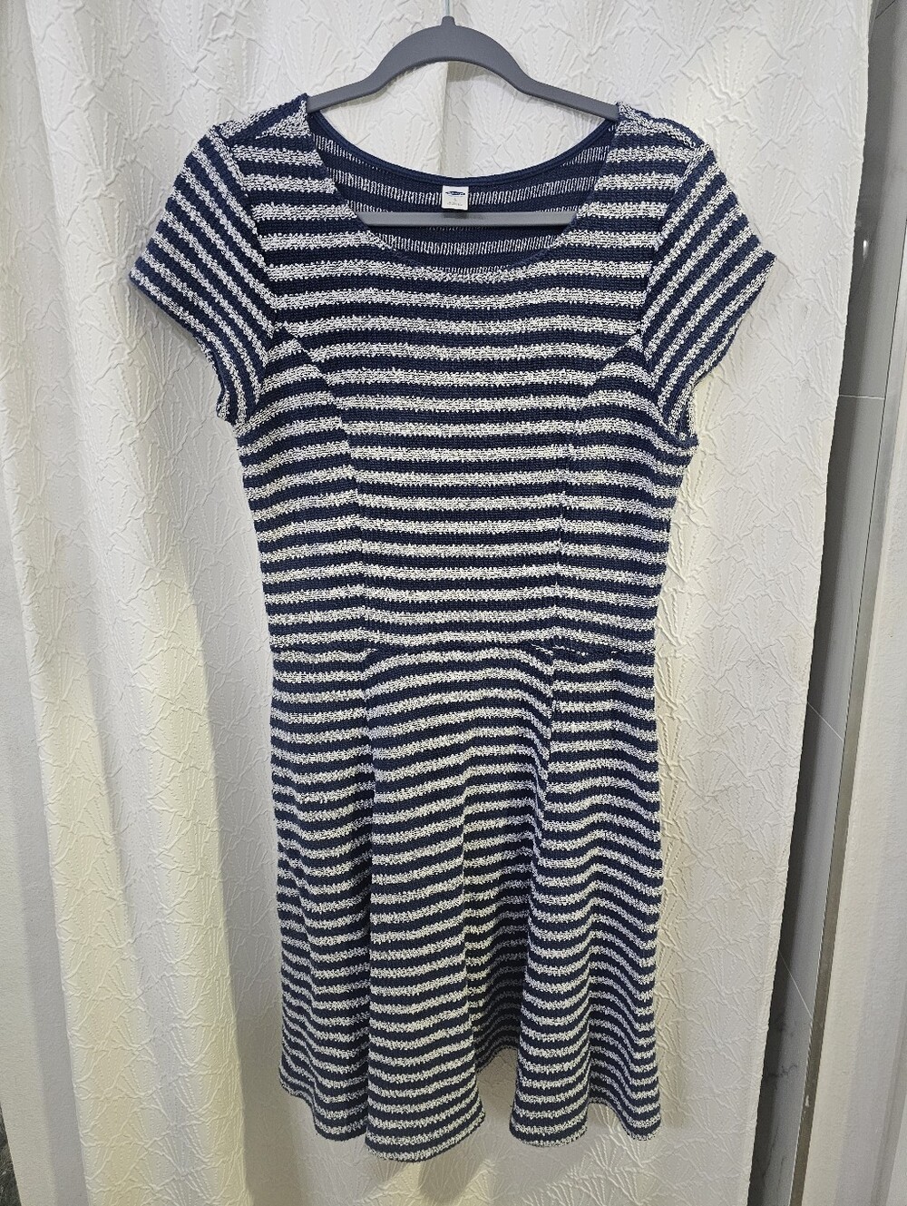 Women's Large Blue & Gray Striped Knee Length SS A-Line Dress by Old Navy